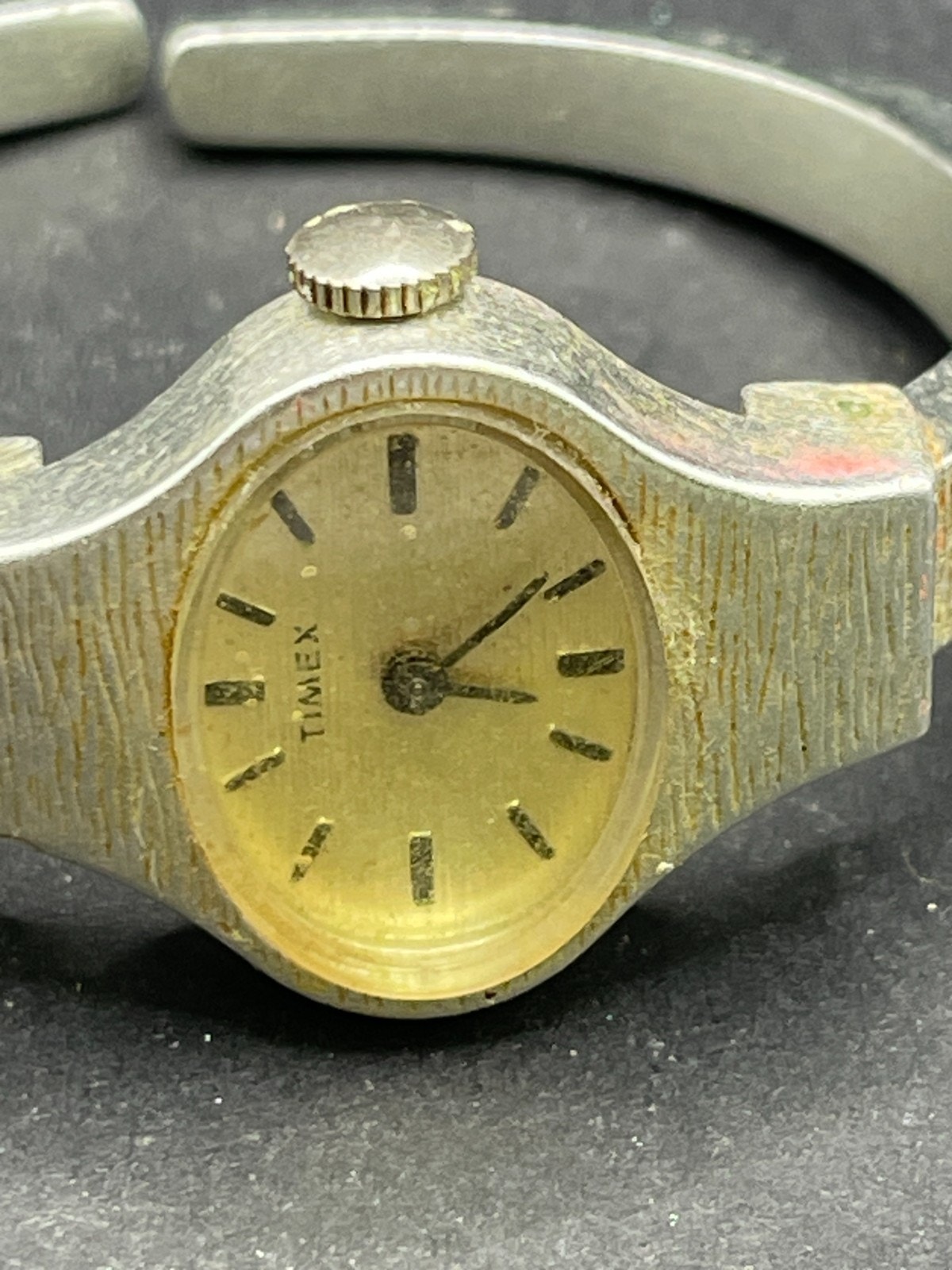 Vintage Timex Watch Women Silver Tone Oval Dial Cuff Band Manual Wind 20mm
